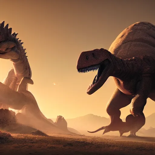Image similar to andre the giant fighting a dinosaur, concept art, high detail, 8 k, octane render