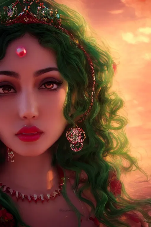 Image similar to dreamy beautiful persian asian princess in clouds, green eyes, red dress, long black curly hair, smiling, wearing a diamond tiara, face, highly detailed, artstation, concept art, sharp focus, hyper realistic, octane render, unreal engine, 8 k