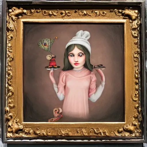 Image similar to the blacksmits’ daughter, working in the forge, lowbrow in the style of Mark Ryden,