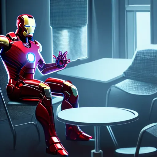 Prompt: iron man sit on chair and eating chips in front of laptop in detailed gamer room, coke on table, cyberpunk concept art, trending on artstation, highly detailed, digital art, 8 k