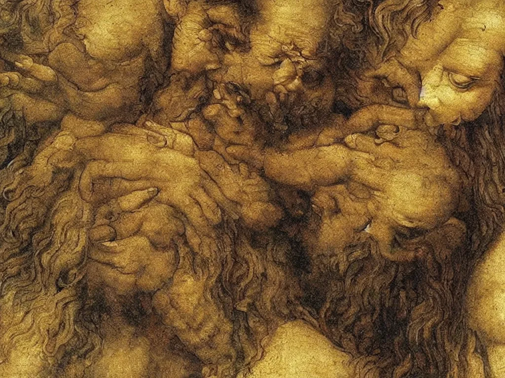 Image similar to a zdromf almost touching a silfid. painting by leonardo da vinci.