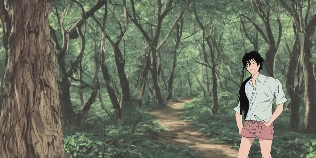 Prompt: a still of a 90s OVA of a man with black hair in a forest