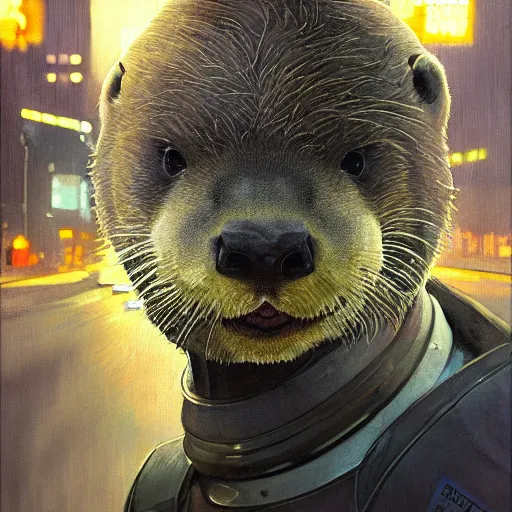 Prompt: hyperrealistic portrait of an athropomorphic otter wearing an astronaut outfit, bladerunner street, art of elysium by jeremy mann and alphonse mucha, fantasy art, photo realistic, dynamic lighting, artstation, poster, volumetric lighting, very detailed face, 4 k, award winning, cinematic lighting