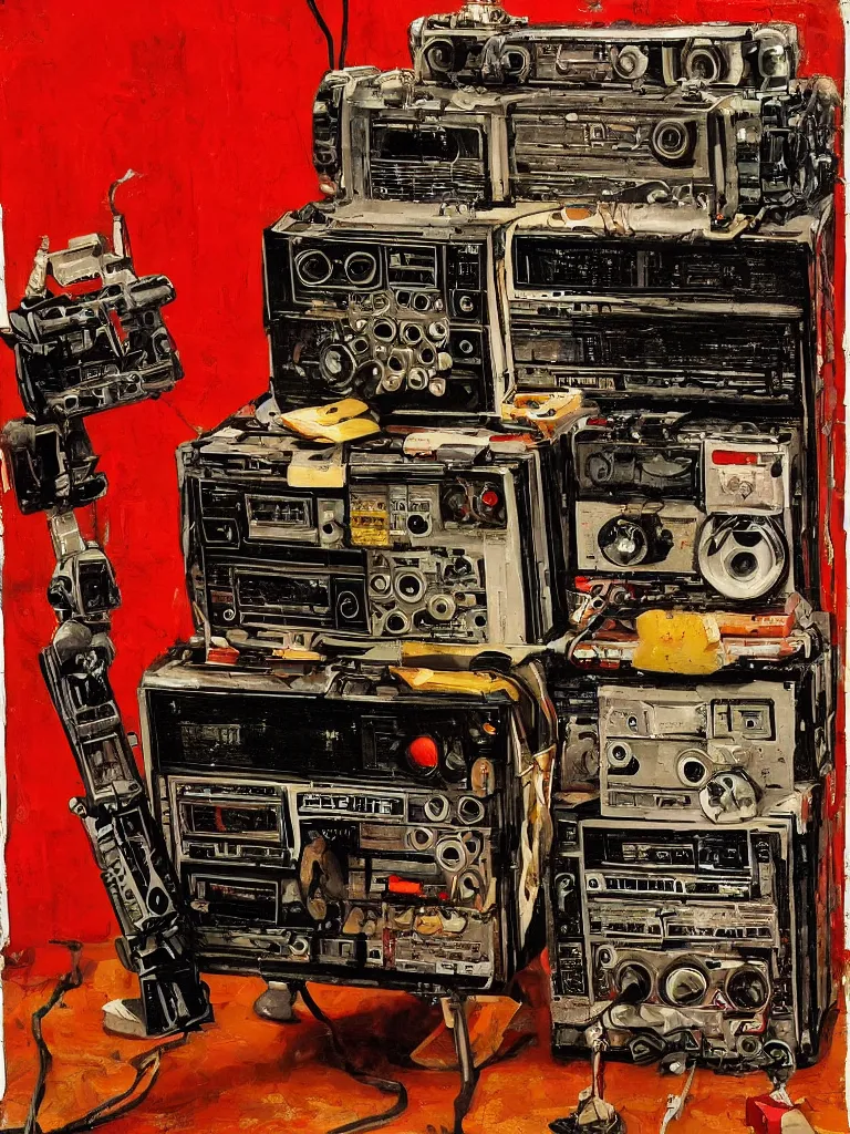 Image similar to allegory painting of an humanoid robot with a ghettoblaster boombox for a head, wooden body, normal body proportions, room lit by candles, red fox