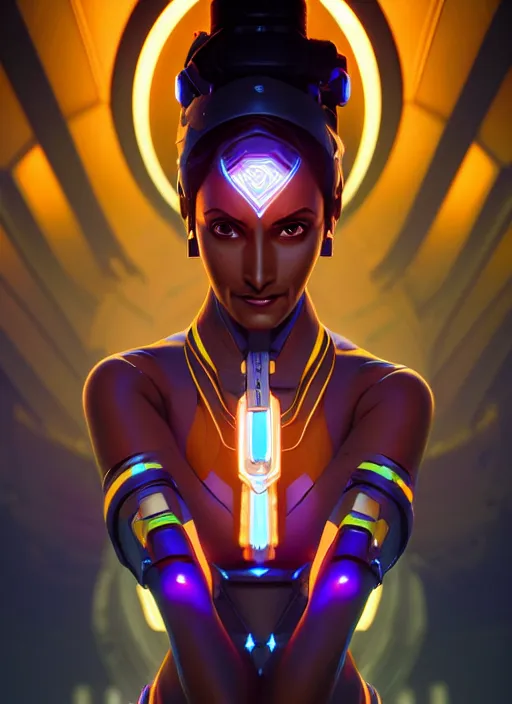 Prompt: symmetry portrait of symmetra from overwatch, closeup, sci - fi, tech wear, glowing lights intricate, elegant, highly detailed, digital painting, artstation, concept art, smooth, sharp focus, illustration, art by artgerm and greg rutkowski and alphonse mucha