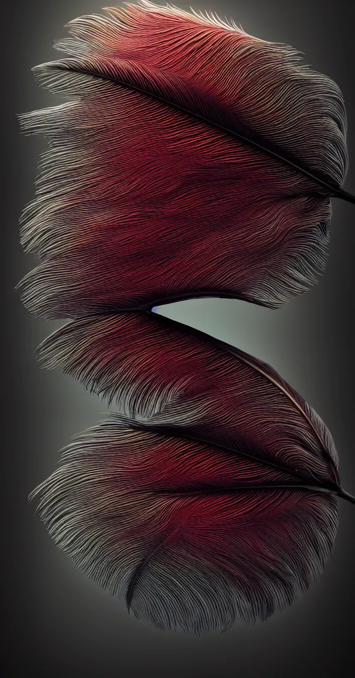 Image similar to realistic photo of one minimal feather in center, high colored texture, dark smooth background, very sharp focus, 3 d octane render, in the style of greg rutswoski, very hyper realistic, highly detailed, fantasy art station