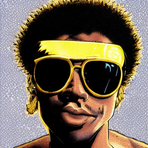 Prompt: a cool freckle-faced black dude wearing shades with a golden afro by masamune shirow