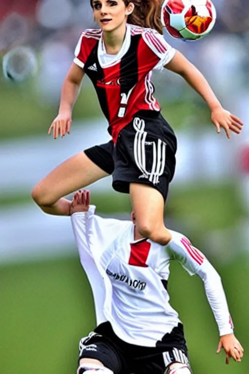 Image similar to emma watson as lokomotiv football player, hyper realistic, highly detailed