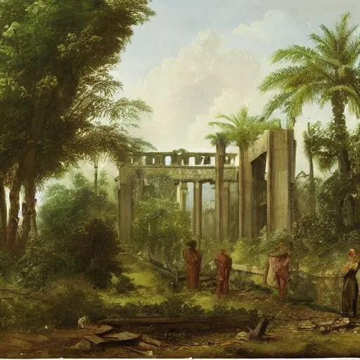 Prompt: Ruins of a train station in a jungle, neoclassical painting, oil on canvas, high quality