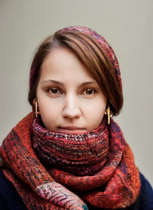 Prompt: portrait of a 2 3 year old woman, symmetrical face, scarf and earrings, she has the beautiful calm face of her mother, slightly smiling, ambient light