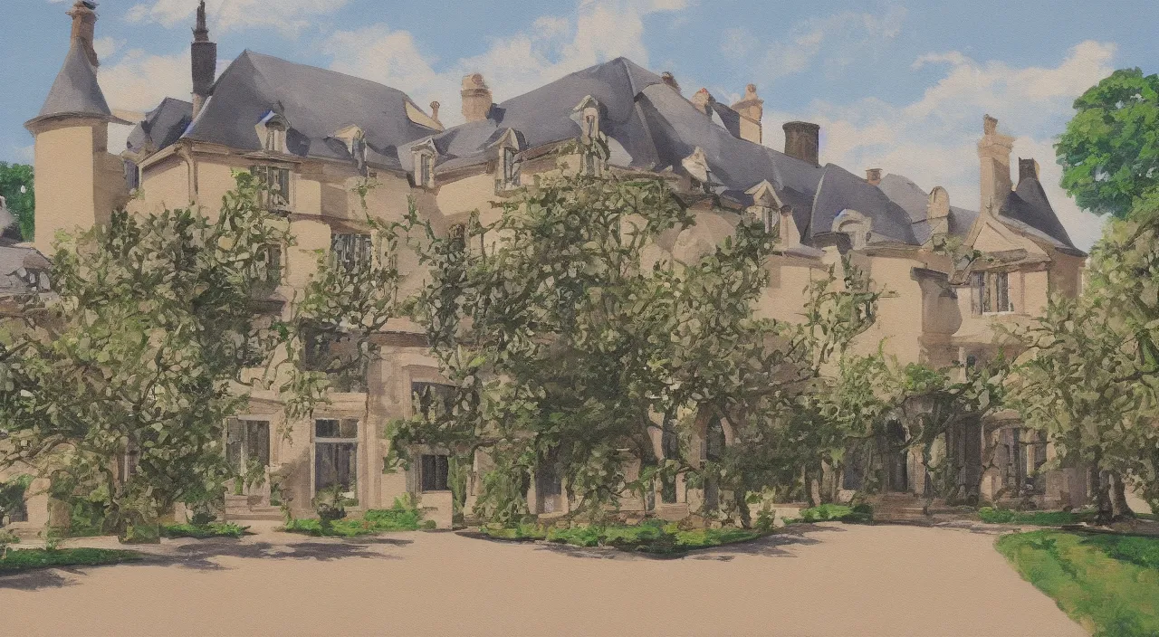 Image similar to a painting of a French manor, with a square, in the style of anime