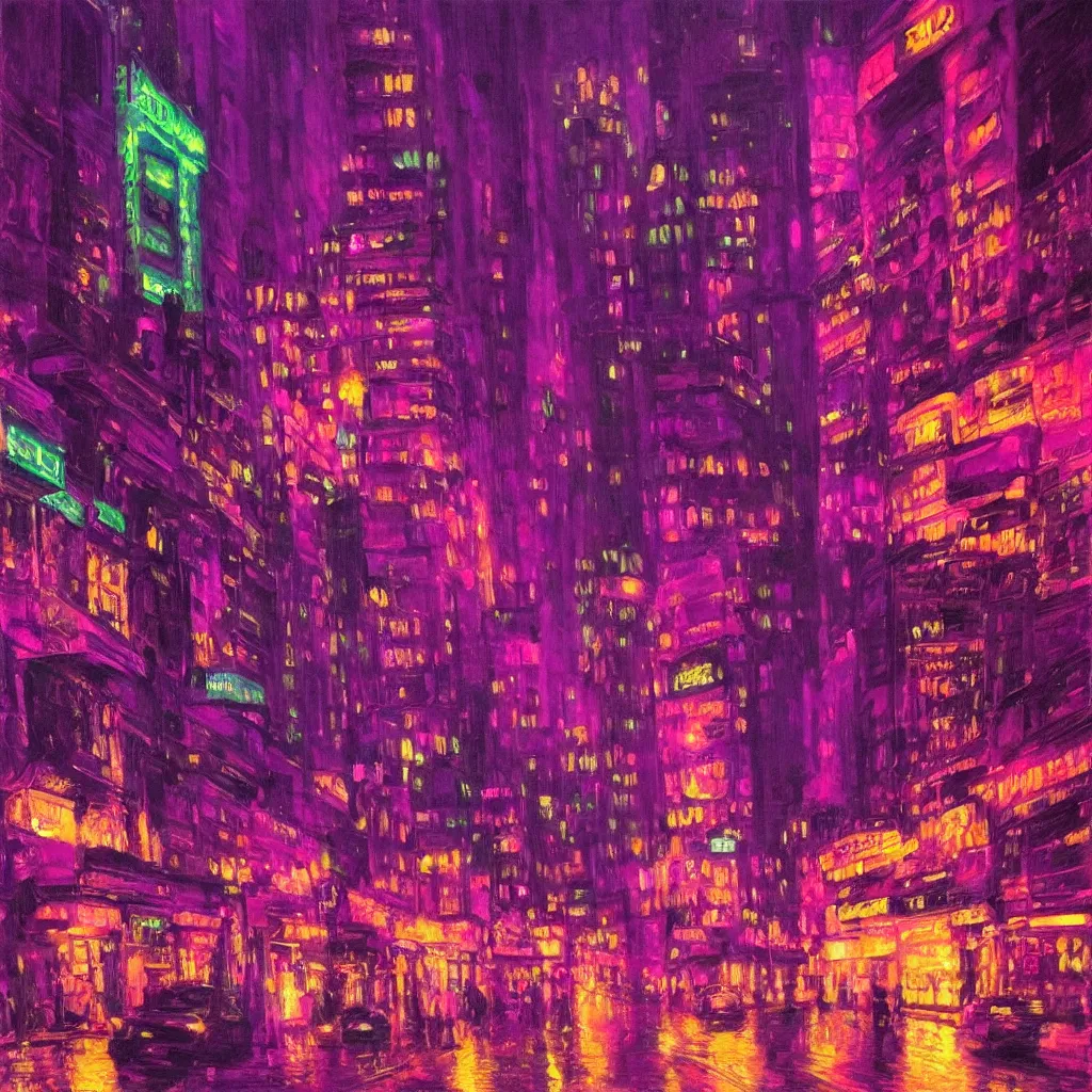 Image similar to a neon cityscape of purple in the style of delphin enjolras. night life. seedy. intricate. highly detailed.