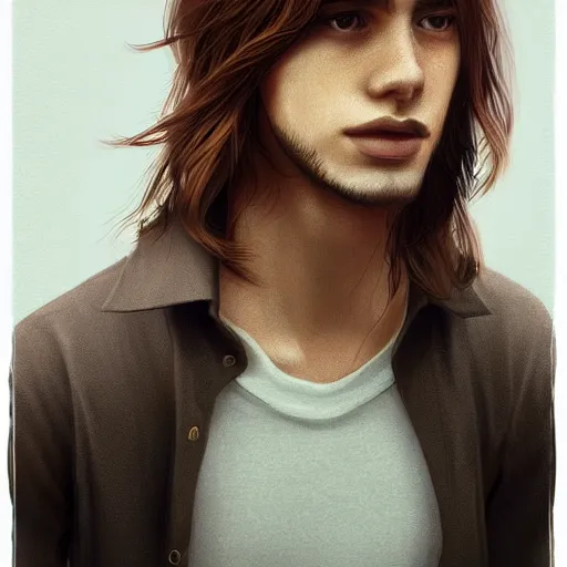 Image similar to a young man with long hair wearing a brown shirt, a character portrait by lydia field emmet, trending on cg society, photorealism, wiccan, handsome, ilya kuvshinov