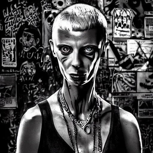 Image similar to die antwoord chappie, back and white, zef design graffiti in the background, dark lighting, digital art