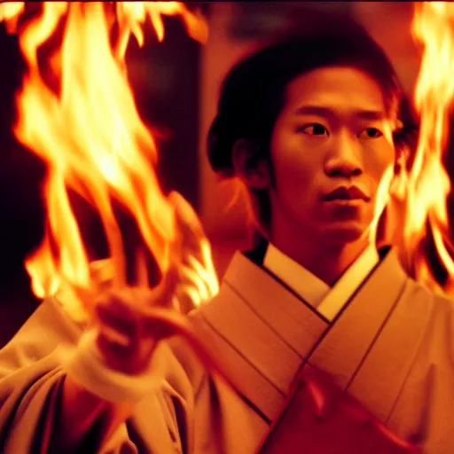 Image similar to cinematic film still of Young Thug starring as a Japanese Sensei with fire, Japanese CGI, VFX, 2003, 40mm lens, shallow depth of field, film photography