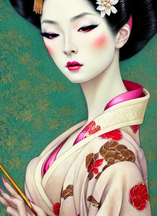 Prompt: glamorous and sexy Geisha portrait, beautiful pale makeup, pearlescent skin, seductive, lacivious elegant pose, very detailed face, highly detailed kimono, photorealism, portrait by Magali Villeneuve and Steve Argyle,Livia Prima,Mucha,dress,fantasy art,beautiful,artstation,trending on artstation,intricate details,alluring,masterpiece