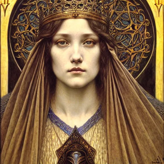 Image similar to detailed realistic beautiful young medieval queen face portrait by jean delville, gustave dore and marco mazzoni, art nouveau, symbolist, visionary, gothic, pre - raphaelite. horizontal symmetry