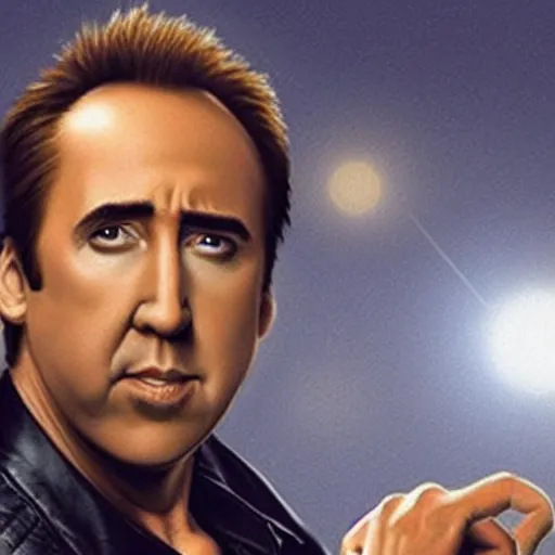 Image similar to Nicholas Cage as a space ship shooting aliens