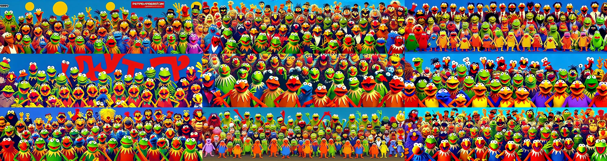 Prompt: a retro ps1-graphics low-poly scene, depicting a hundred unique muppets interacting with the most perfect paintings ever imagined