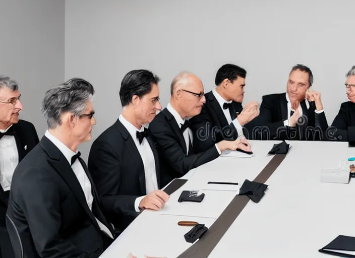 Image similar to photo of a management board meeting of well dressed cats in tuxedos. Highly detailed 8k. Intricate. Sony a7r iv 55mm. Stock photo.