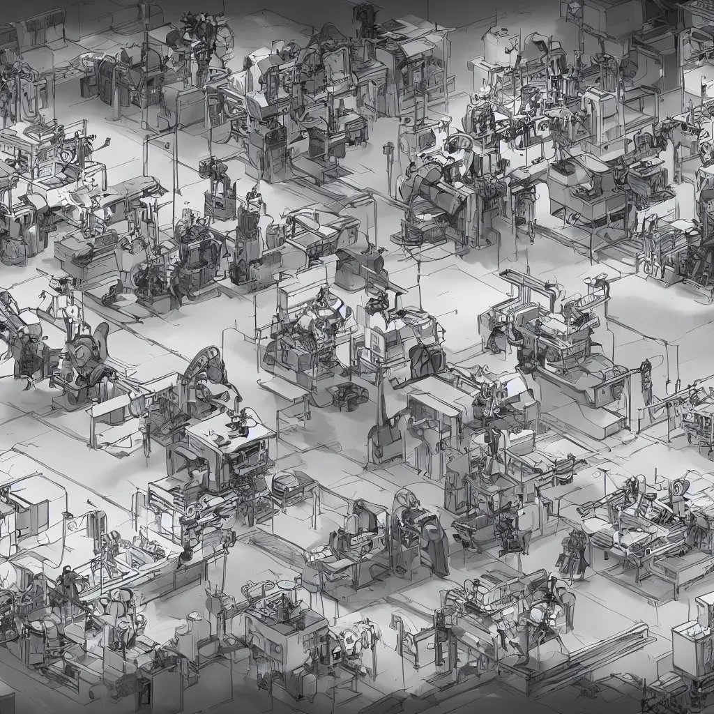 Image similar to storyboard sketches of robot factory production line, cinematic, epic, 4 k, concept art by feng zhu