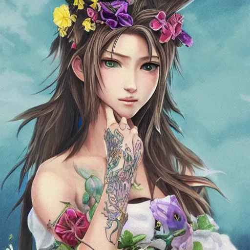 Image similar to concept art of aerith gainsborough with tattoos, amongst flowers, high quality, detailed, trending on artstartion