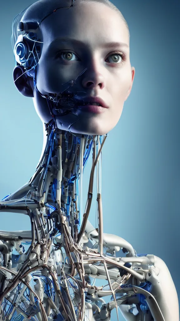Image similar to photographic shot of a beautiful young android woman looking into the distance, human face and biomechanical muscles and tendons and bones, cables, tubes, incredibly detailed internal mechanism with lots of bright blue microcircuits, natural light falling on her face, focus on her face, cyberpunk, westworld style, medium shot, by annie leibowitz, automated cyberpunk android building lab