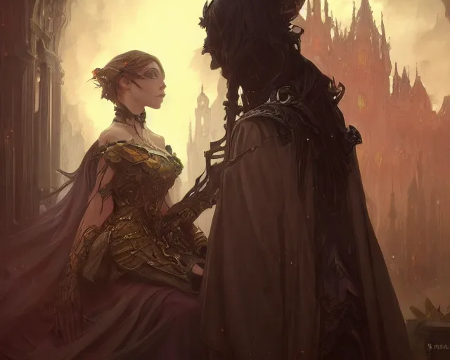 Image similar to photography of two people in gothic party, deep focus,, fantasy, intricate, elegant, highly detailed, digital painting, artstation, concept art, matte, sharp focus, illustration, hearthstone, art by artgerm and greg rutkowski and alphonse mucha