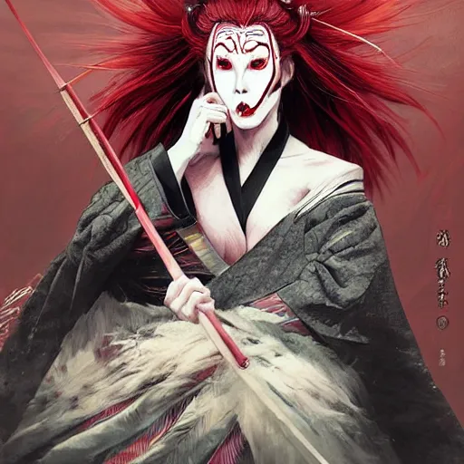 Image similar to an epic portrait of insane kabuki wielding a spear, magical aura of insanity, intricate hakama, poofy red wig, eerie, highly detailed, dark fantasy, art by artgerm and greg rutkowski