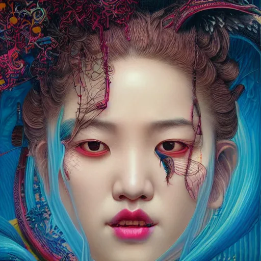 Image similar to portrait of liu yifei, hyper detailed masterpiece, neon floral pattern, jean giraud, digital art painting, darkwave goth aesthetic, psychedelic, artgerm, donato giancola and tom bagshaw