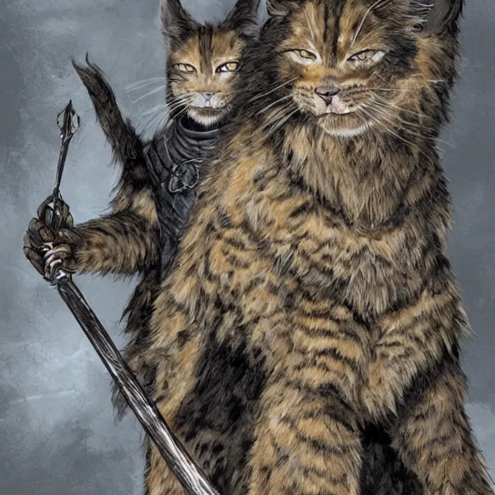 Image similar to khajit tabaxi catfolk humanoid with maine coon features black fur with a scar on the left eye and holding two shortswords cloaked in shadow and wearing hooded leather armor agile, dungeons and dragons, fantasy, tarot card style, high detail, hyper realistic