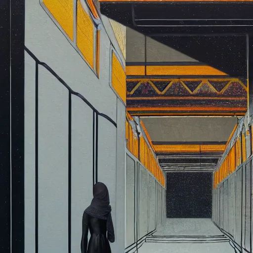 Image similar to detailed portrait of a beautiful woman, courtyard, capital, mosque interior, reflections, control panel, watcher, omniscient, covered walkway, obsidian, orange teal gray black, tech noire, few neon signs, surreal oil on canvas