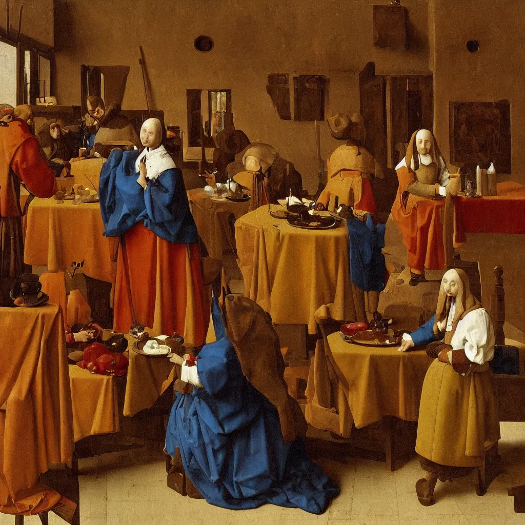 Prompt: Noble lunch. They dined in a large, richly furnished room. There were a lot of food on the table. Medieval painting by Jan van Eyck, Johannes Vermeer, Florence,
