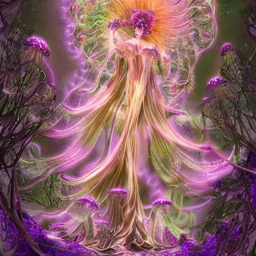 Image similar to glowing delicate flower and mushrooms that grow in a dark fatansy forest on the planet Pandora, an idealistic marble statue with fractal flowery hair in a fractal garden, symmetrical,