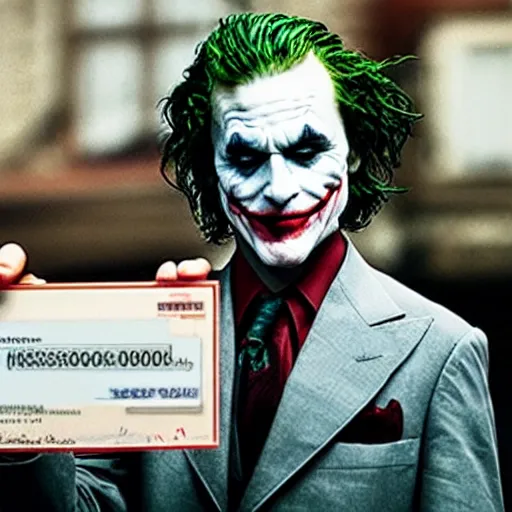 Image similar to “ photograph of the joker purchasing a house ”