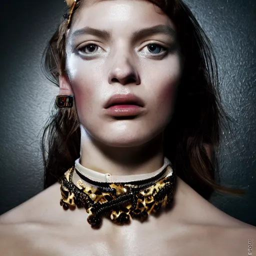 Prompt: stunning close up portrait of a woman from a fashion model with large prada dress in parisian luxury studio decorated, official prada editorial, by Hendrik Kerstens, highly detailed