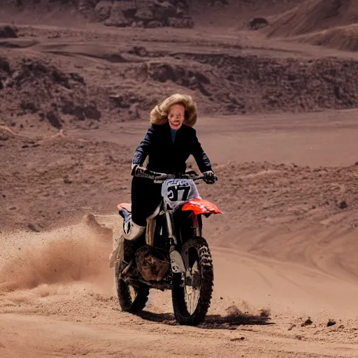 Prompt: cinematic shot of Margaret Thatcher riding a dirt bike in a desert, 8k, dslr, professional lighting,