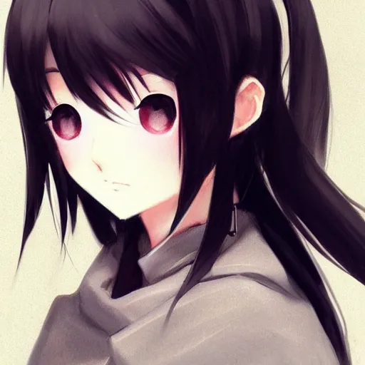 Prompt: A cute anime girl wearing a long coat, shoulder length straight black hair with bob cut, dark eyes, concept art, charcoal sketch, Huke, krenz cushart, trending on artstation