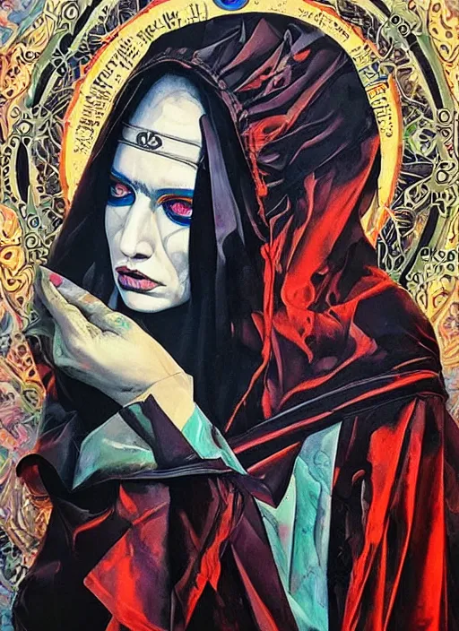 Image similar to tripping cult magic psychic woman, subjective consciousness psychedelic, epic occult ritual symbolism story iconic, dark robed witch, oil painting, robe, symmetrical face, greek dark myth, by Sandra Chevrier, masterpiece