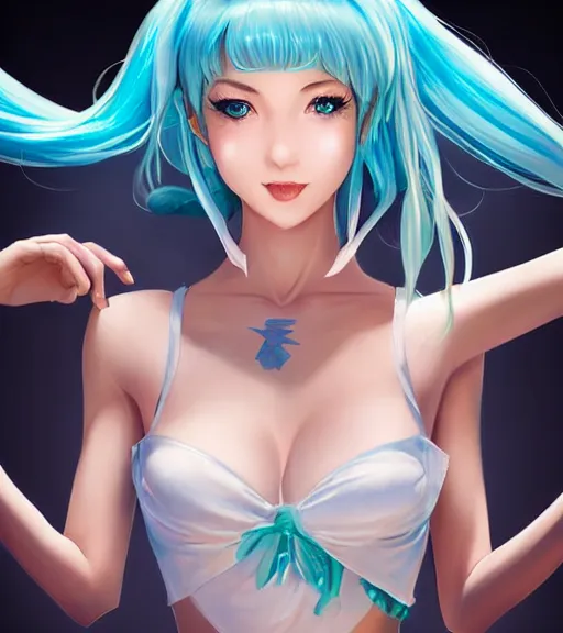 Prompt: Beautiful Hatsune miku by artgerm, rossdraws, magali villeneuve, Gil Elvgren, Earl Moran, Enoch Bolles, right shoulder