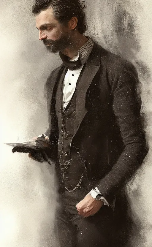 Image similar to Portrait of a victorian gentleman wearing a waistcoat, male, detailed face, victorian, highly detailed, cinematic lighting, digital art painting by greg rutkowski