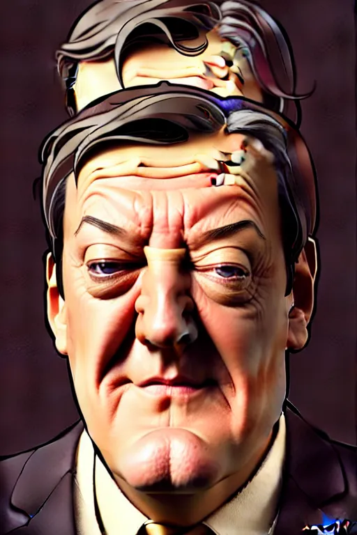 Image similar to stephen fry winking his left eye at the camera, in the style of art by artgerm and greg rutkowski and alphonse mucha