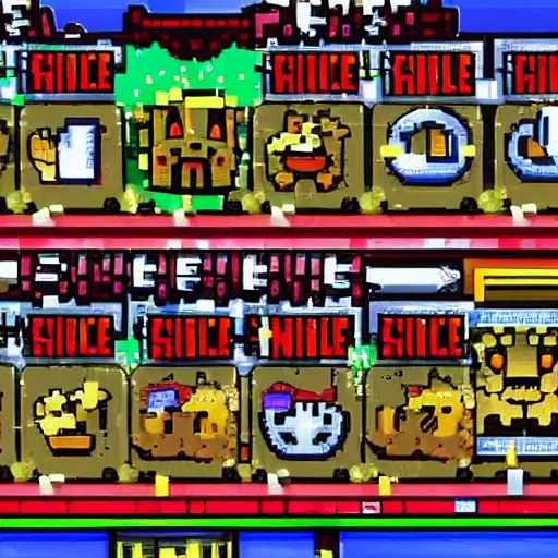 Image similar to a pixel art roguelike game about battling slot machines
