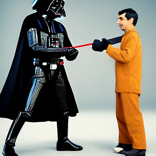 Image similar to photo of darth vader duelling with mr. bean, 8k