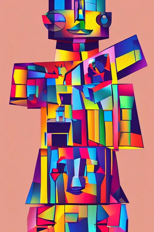 Image similar to cubist moai statue cutout digital illustration cartoon colorful beeple