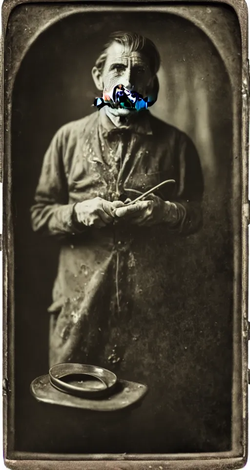 Prompt: a wet plate photograph, a portrait of a lone cobbler with a handlebar mustache