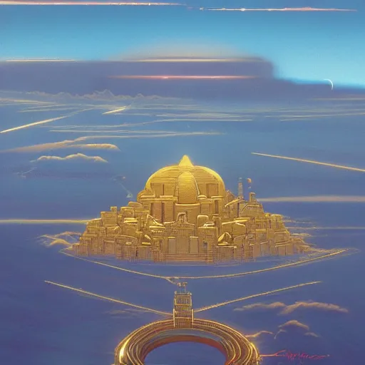 Image similar to the golden city of the gods in the clouds by killian eng and moebius