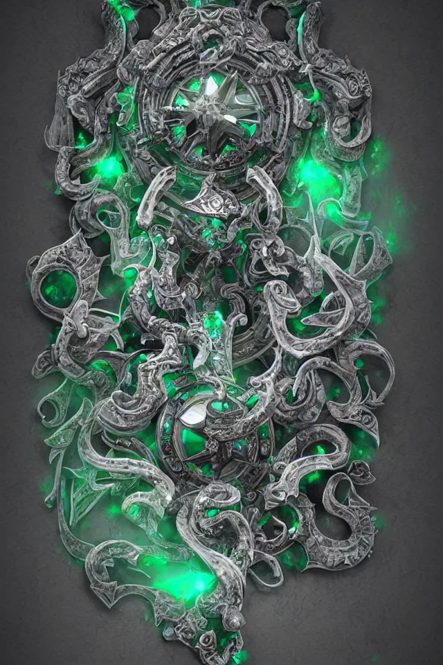 Image similar to an ancient white bone and emerald gemstone relic, intricate engraving, concept art style, 3D, Unreal Engine