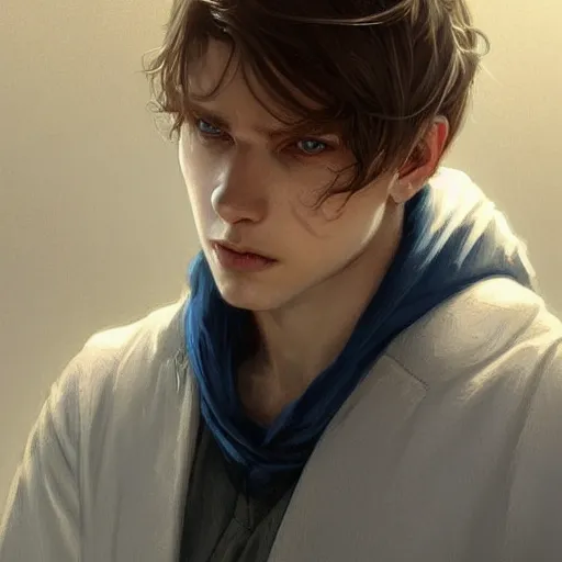 Image similar to ultra realistic illustration, a young man in a white hood, with brown hair, with blue eyes, intricate, elegant, highly detailed, digital painting, artstation, concept art, smooth, sharp focus, illustration, art by artgerm and greg rutkowski and alphonse mucha