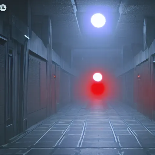 Image similar to a dark corridor with aggressive small red lights scattered and shining light on a new alien organism that arrived from Pluto, screenshot, realistic